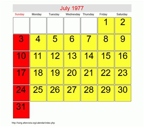 Calendar For July 1977